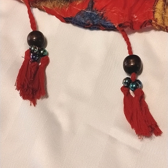 Pretty Angel Linen Red/Mult Color Fashion Scarf With Beads, NWT - Picture 5 of 8